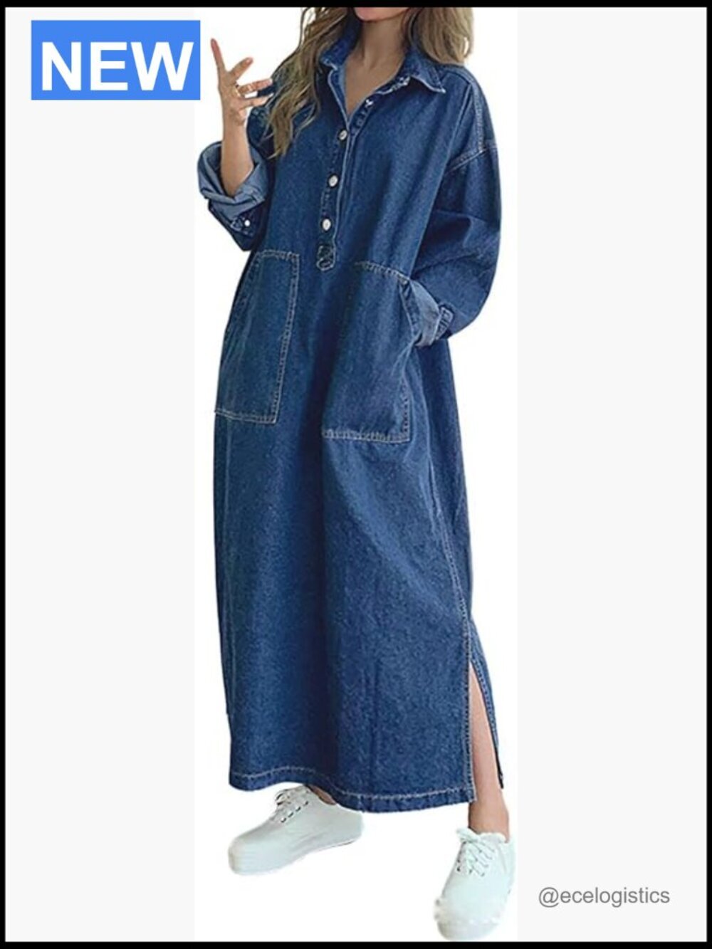 Long Sleeve Maxi Denim Shirt Dress with Side Split